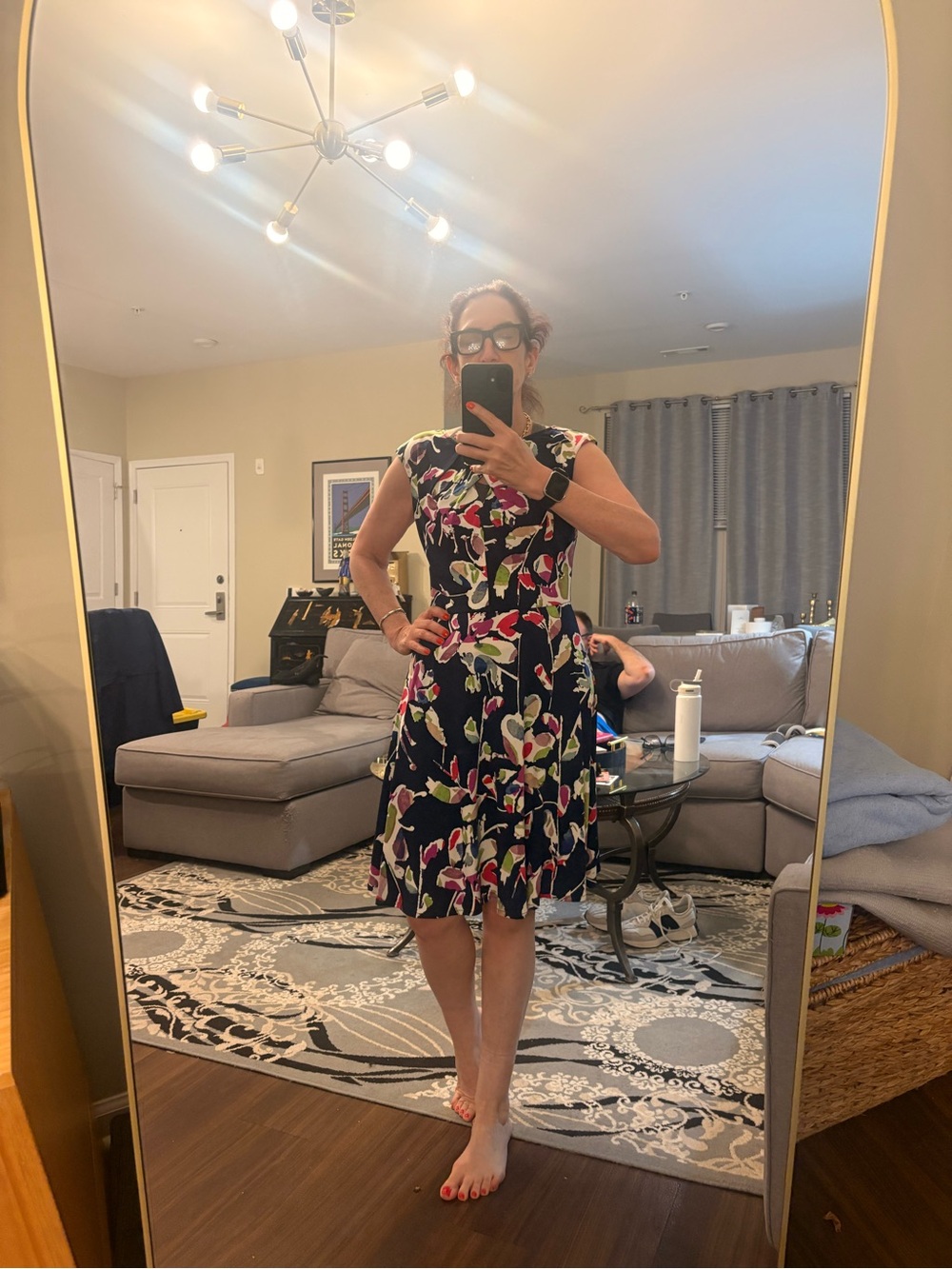 Cap-Sleeve Navy Midi Dress with Bold Floral Print